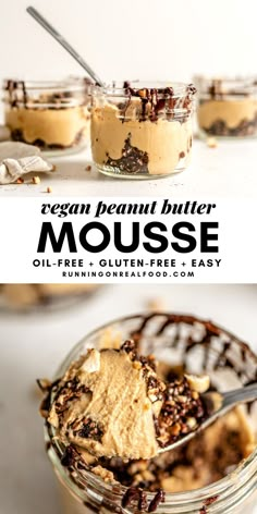 an image of a dessert in a glass bowl with spoons on the side and text overlay that reads, vegan peanut butter mousse