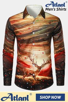 Great for vacation, Christmas holiday party, themed parties, etc. Fitted Long Sleeve Tops For Holiday, Holiday Long Sleeve Shirt With Graphic Print, Long Sleeve Christmas Holiday Shirt, Red Long Sleeve Holiday Shirt, Mens Christmas Shirts, Reindeer Shirt, Christmas Holiday Party, Button Up Long Sleeve, Christmas Men