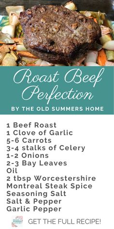 the recipe for roast beef is shown on a plate