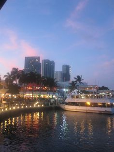 boats are docked in the harbor at dusk with city lights reflected in the water behind them