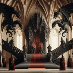 an elaborate staircase leads to the thrones in game of thrones, with two black dragon statues on either side