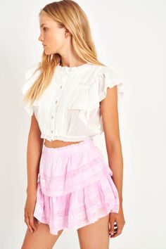 Ruffle Mini Skirt -Designer Skirts | LoveShackFancy Peony Pink, Beach Fits, Ruffle Mini Skirt, Dressy Dresses, Lace Trims, Pinterest Closet, Lace Inset, Skirt Design, Casual Sets