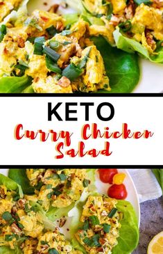 keto curry chicken salad with lettuce leaves and tomatoes on the side, in a white plate