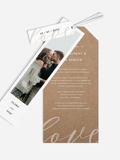 an open bookmark with a photo on it and the word love written in gold foil