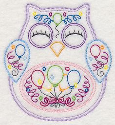 an embroidered owl with balloons on it's face