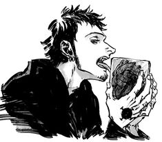 a black and white drawing of a man holding a piece of food