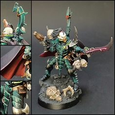 a green and black warhammer with two swords