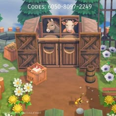 an animal farm scene with two animals in the barn