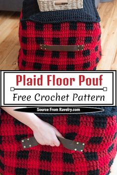 a red and black crochet bag sitting on top of a wooden floor