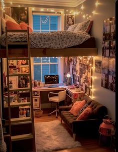 a bedroom with a loft bed, desk and computer on the top bunk is lit up by fairy lights