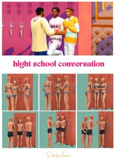 several images of people in swimsuits standing next to lockers with text that reads high school conversation