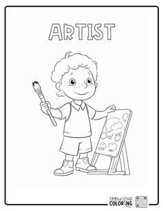 a boy holding a paintbrush and an easel coloring page