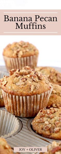 banana pecan muffins with text overlay