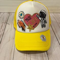 Trending Trucker Hat With Patches Nwot Yellow & White Adjustable Snap Back Closure One Of A Kind Trucker Patch Hats, Hat With Patches, Patch Hats, Snap Back, Snap Backs, Embroidered Patches, Yellow White, Trucker Hat, Color White