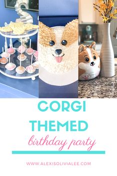 corgi themed birthday party with cupcakes, cake and dog figurines