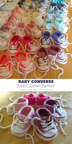 baby converse crochet shoes are laid out on the floor