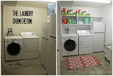 the laundry room is clean and ready to be used as a washer and dryer