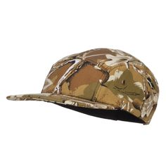 a camo cap with a black brimmed peak