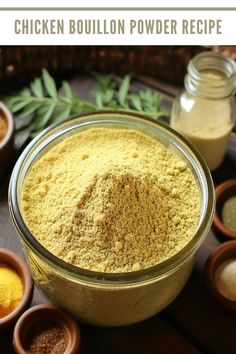 chicken bouilon powder recipe in a bowl surrounded by spices and seasonings on a wooden table