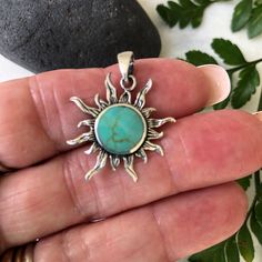 "For sun worshippers! 925 sterling silver sun pendant necklace Faux turquoise sun burst medallion measures 1 1/4\" across, 1 1/4\" with bail You can choose a 1mm curb sterling silver chain in different lengths: 16\" 18\" 20\" Or you can get just the sun pendant to put on your own necklace. Your sterling sun necklace will come carded and bubble wrapped for safe travels. To see our crystals: https://www.etsy.com/shop/Beadaboutique?ref=ss_profile§ion_id=19021752 To see our whole shop: https://www.e Silver Southwestern Jewelry For Summer, Southwestern Silver Jewelry For Summer, Bohemian Sunburst Jewelry With Sun Design, Bohemian Sunburst Design Jewelry, Spiritual Style Silver Jewelry For Summer, Spiritual Sun Design Jewelry, Bohemian Jewelry With Sun Design Round Pendant, Spiritual Sun Design Pendant Jewelry, Bohemian Sun Design Round Pendant Jewelry