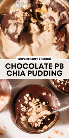 chocolate pb chia pudding in a bowl with spoons and nuts on top