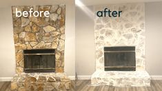 before and after pictures of a stone fireplace in an empty room with wood flooring