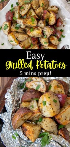 grilled potatoes on tin foil with the title overlay