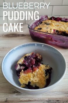 blueberry pudding cake in a bowl on a wooden table with the title above it