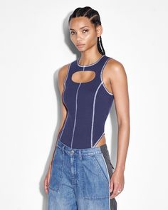 Buy Pursuit Bodysuit Navy | Fashion Ribbed Bodysuit | Ksubi | Ksubi ++ Navy Colour, Strapless Bustier, Bodysuit Fashion, Ribbed Bodysuit, Sleeveless Bodysuit, Navy Fashion, Cargo Pant, Thumb Holes, Navy Color