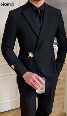 Blazer With Belt Men, Award Ceremony Outfit Men, Suit Looks For Men, Groom Suit Aesthetic, Fancy Outfits For Men, Black Formal Outfit Men, Mexican Suit, Black Suits Men, Black Formals