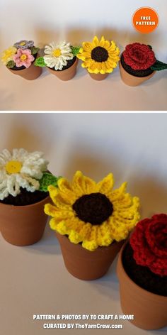 crocheted sunflowers in flower pots are shown on the left and on the right