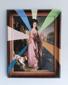 a woman in a pink dress standing next to a dog on a painting with multicolored lines