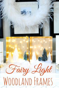 fairy light woodland frames are displayed in front of a white wreath with lights on it