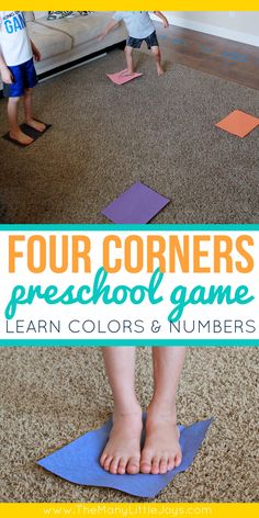 four corners preschool game for learning colors and numbers with the kids to use them as mats