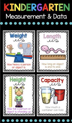 four posters with different types of measurement and data for kids to use in their classroom