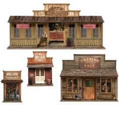 an assortment of miniature buildings with people in the front and side doors on each building