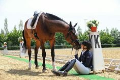 a person sitting on the ground next to a horse