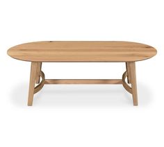 an oval wooden table with two legs and a circular wood top, on a white background