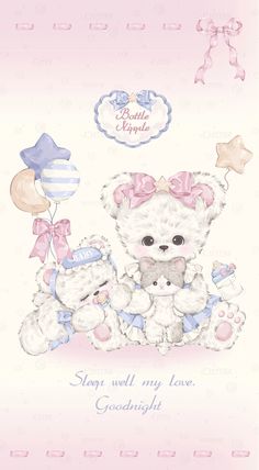 a card with two teddy bears holding balloons