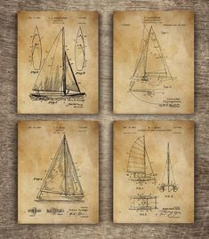 four sailboat blueprints are shown on a wooden surface, and the drawing shows how to draw them