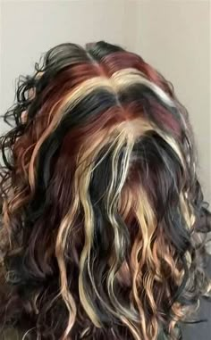 Red And White Chunky Highlights, Red Blonde And Black Highlights, Black Blond And Red Hair Highlights, Grunge Colored Hair, Rockstar Hair Color, Red With Blonde Highlights Curly Hair, Red And Blonde And Black Hair Color, Red Blond And Brown Hair Highlights, 4 Split Dyed Hair