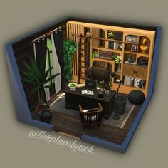 a computer desk sitting in the middle of a living room with bookshelves and shelves