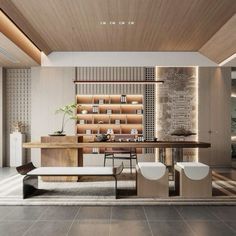 a modern dining room with wood paneling and white chairs