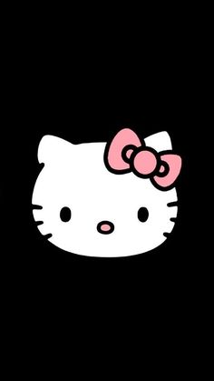 the hello kitty wallpaper is black and white with pink bows on it's head