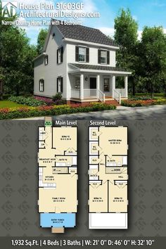 two story house plan with 3 bedroom and 2 bathrooms on the first floor is shown