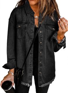 Black Long Sleeve Women's Oversized Denim Jacket Casual Long Boyfriend Distresse Jean Jacket Autumn Spring - Dokotoo Long Sleeve Jean Jacket, Nashville Outfit, Boyfriend Denim Jacket, Black Jean Jacket, Oversized Jean Jacket, Nashville Outfits, Oversized Jeans, Classic Denim Jacket, Black Jean