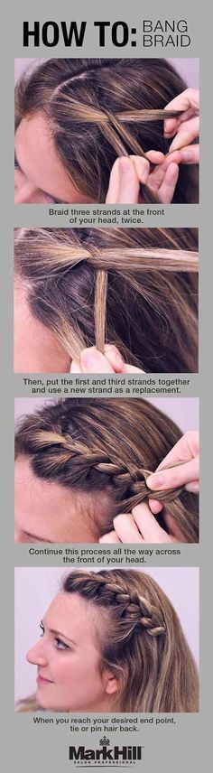 The bang braid is your solution to keeping annoying mid-level bangs off your face. | 18 Ingenious Hair Hacks For The Gym Braid Bangs, Skirt Diy, Braided Bangs, Hairstyles Videos, Hair Stylies, Braided Hairstyles Updo, Dutch Braid