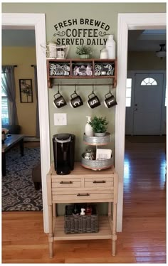 there is a shelf with coffee cups on it