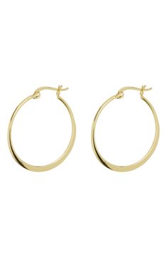 These dramatic sterling silver hoops boast a flat profile that reflects the light and catches the eye. 1" hoop diameter Snap down post Sterling silver with 18k-gold plate Imported Round Sterling Silver Jewelry With Smooth Finish, Sterling Silver Jewelry With Smooth Finish, Modern Hallmarked Hoop Earrings, Modern Gold Hoop Earrings In Sterling Silver, Gold Sterling Silver Hoop Earrings With Shiny Finish, Modern Hallmarked Hoop Earrings For Everyday, Modern Everyday Hoop Earrings, Modern Circular Hoop Earrings For Anniversary, Modern Hallmarked Round Hoop Earrings