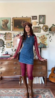 Outfit winter 2024, autumn style 60s Everyday Fashion, New Years Eve Outfits Colorful, Jones New York Outfits, Lou Me Before You Outfits, Vintage Colourful Outfits, Vest Mini Dress Outfit, Cute Winter Fits Cold Weather, Hyper Girly Outfits, February Aesthetic Outfit